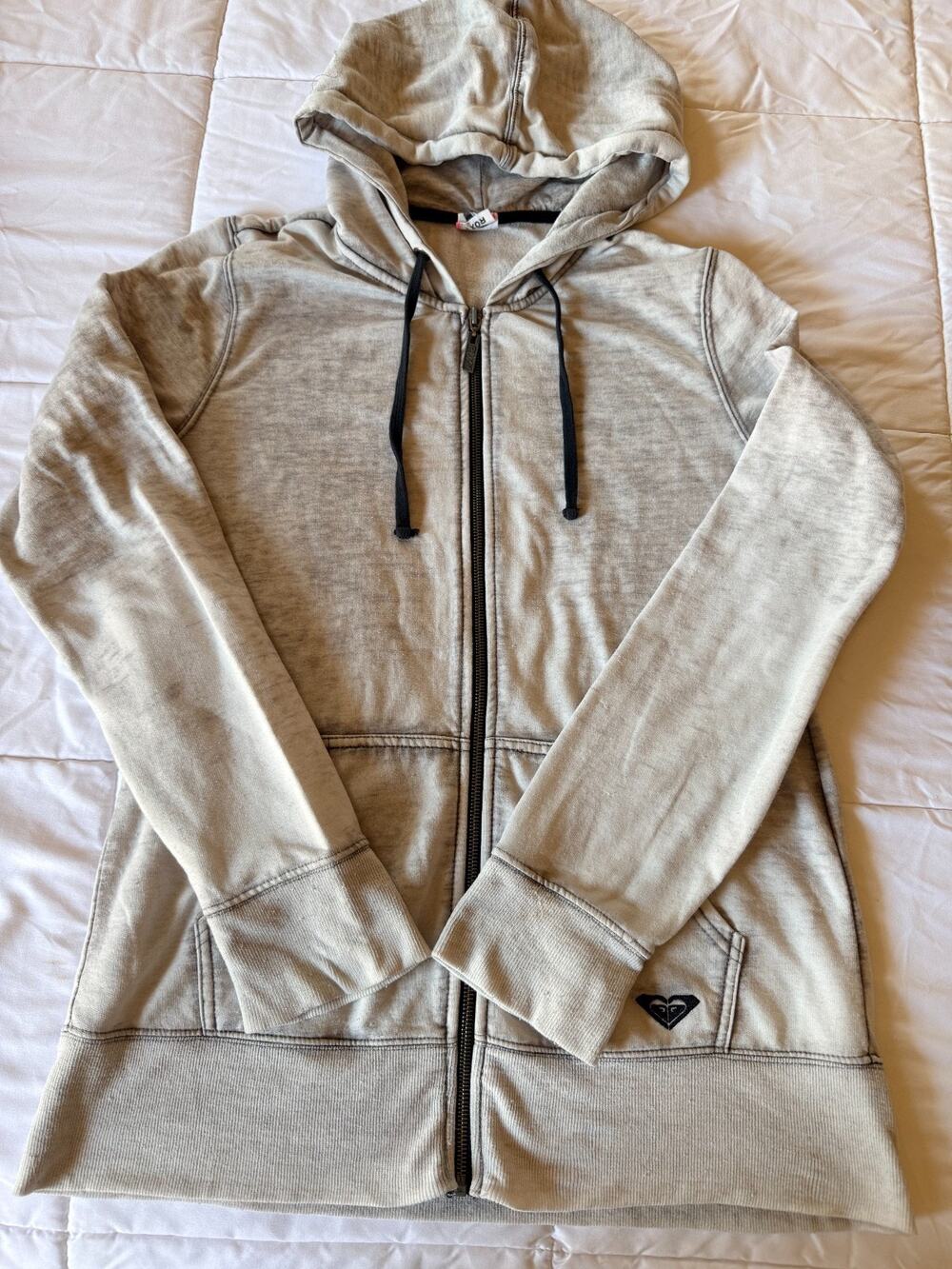 Roxy Womens Gray Full Zip Hoodie Distressed Wash Logo Sweatshirt Y2K Surf